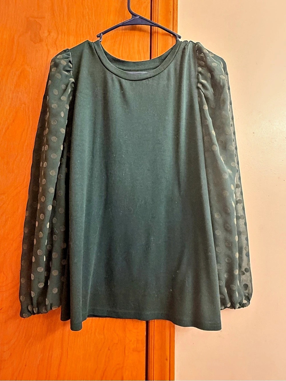 LOFT Long Sleeve Polka Dot Sleeve Top in Green Size Large